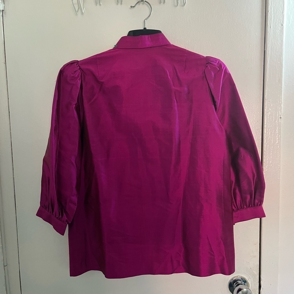 Women's Magenta Thai Silk Button-Up Blouse - Picture 8 of 9